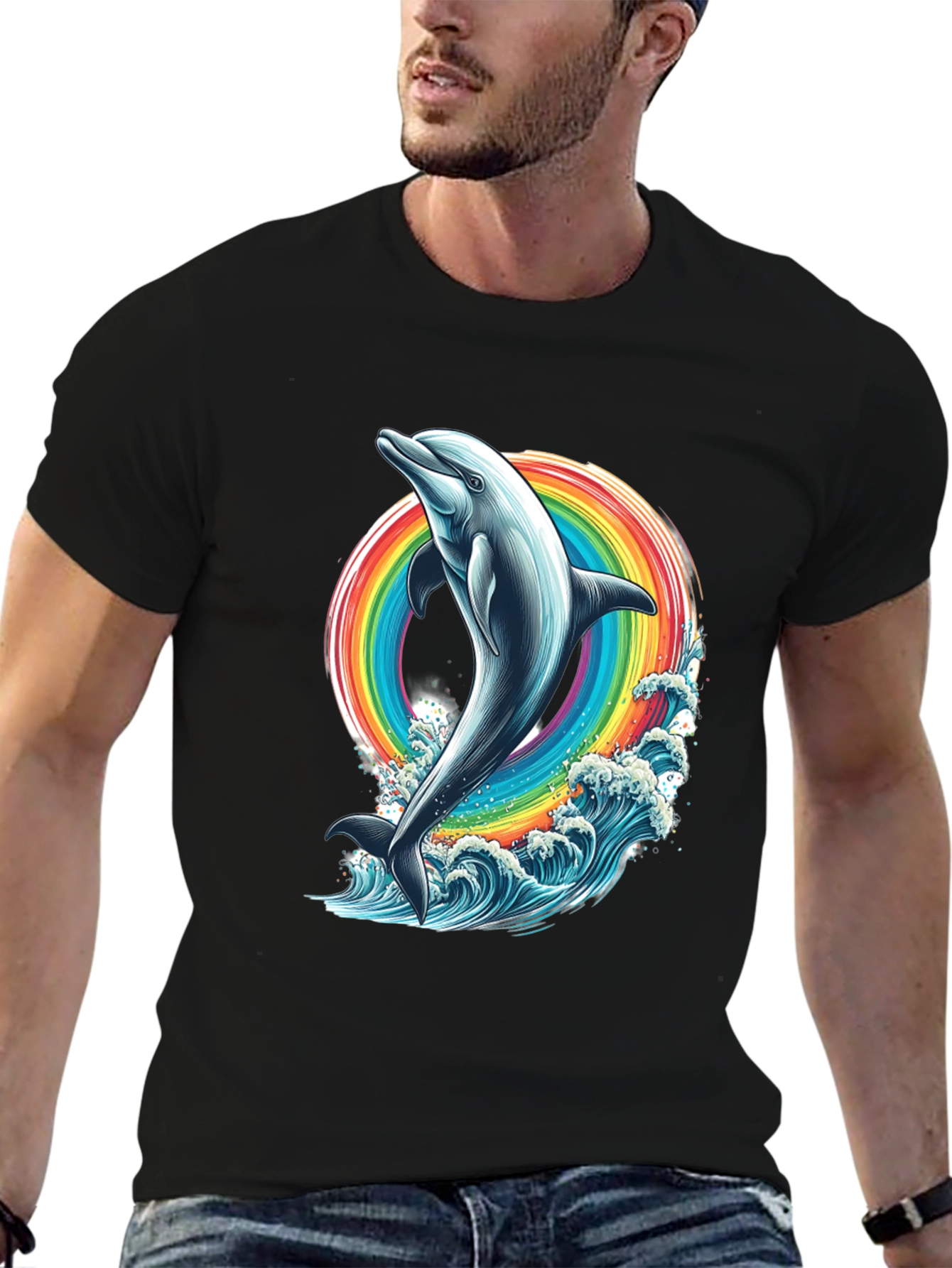 Dolphin Rainbow Graphic Tee - Black Cotton T-Shirt