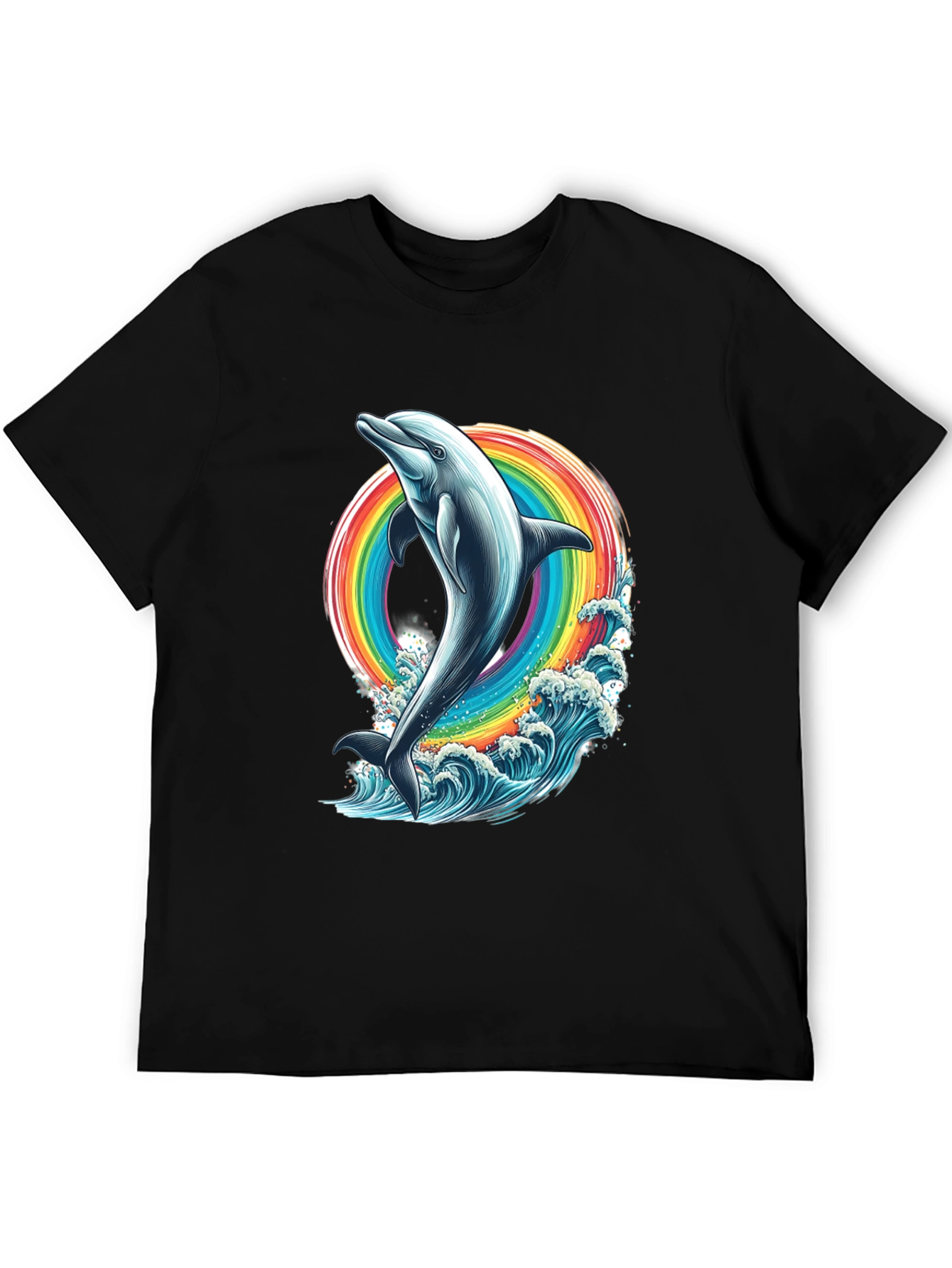 Dolphin Rainbow Graphic Tee - Black Cotton T-Shirt