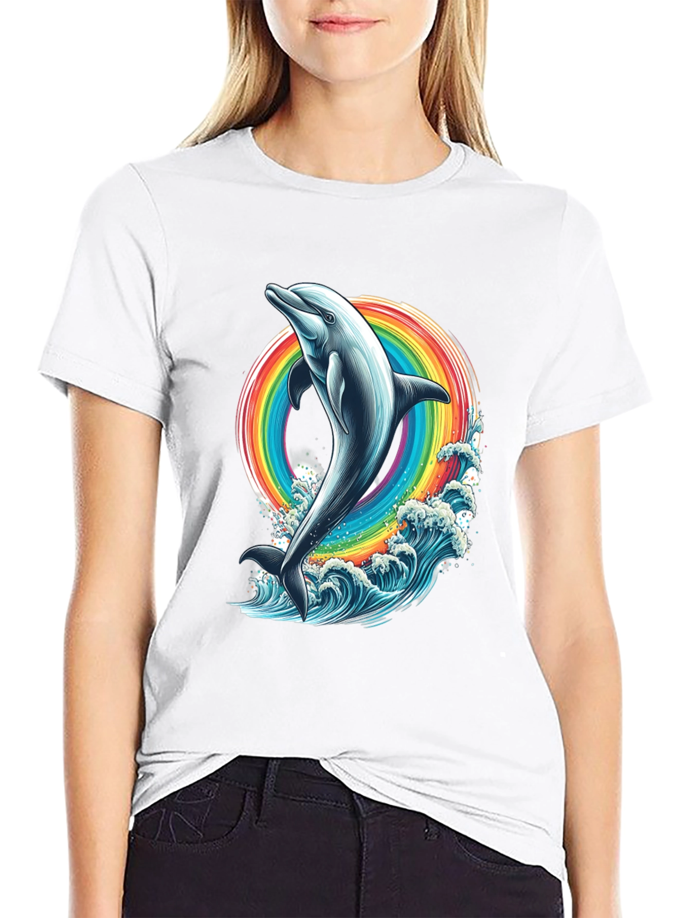 Dolphin Rainbow Graphic Tee - Black Cotton T-Shirt