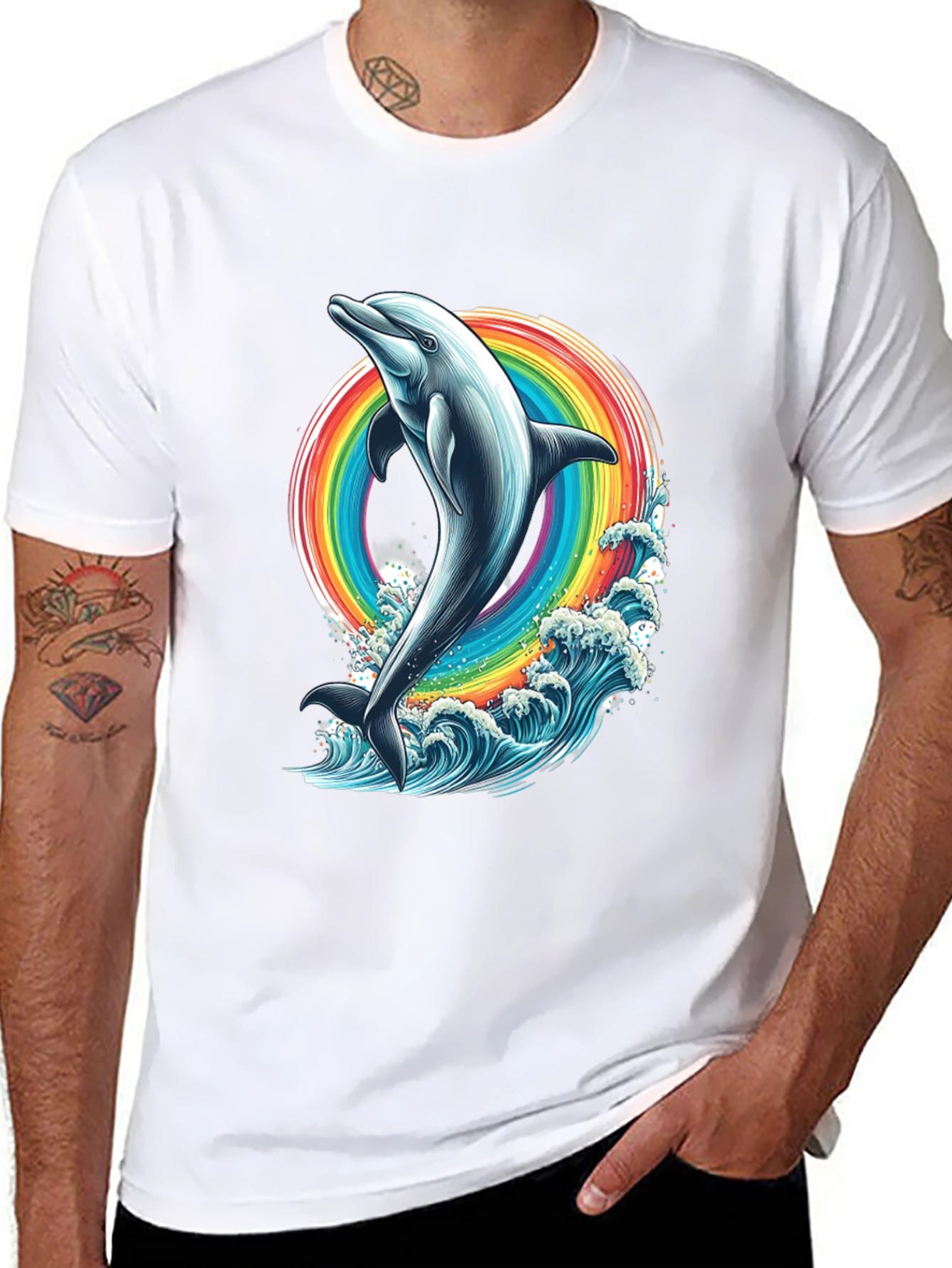 Dolphin Rainbow Graphic Tee - Black Cotton T-Shirt
