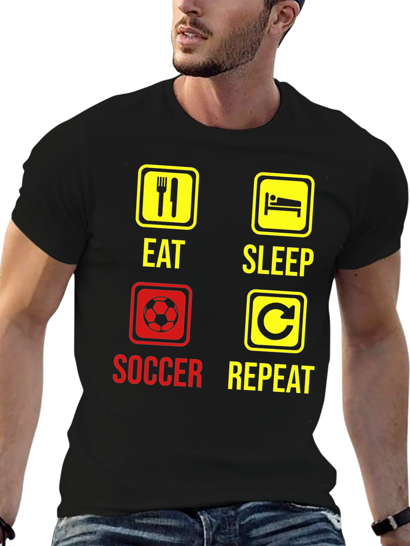 Eat Sleep Soccer Repeat Black Graphic T-Shirt