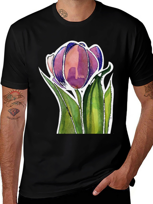 Floral Tulip Watercolor Graphic Black T-Shirt