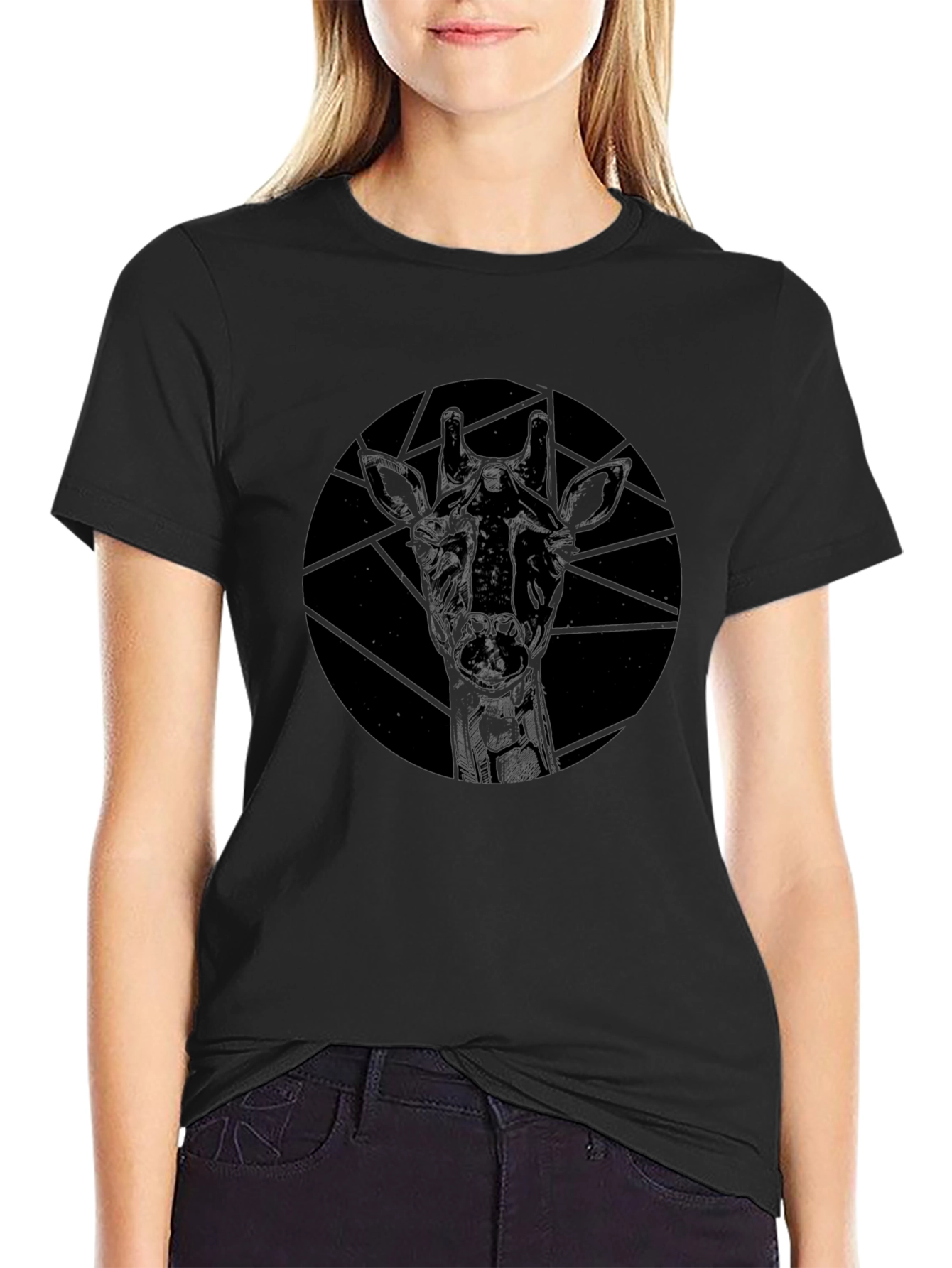 Geometric Giraffe Graphic Black T-Shirt