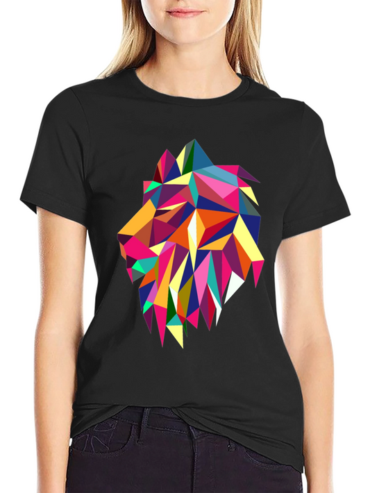 Geometric Lion Graphic Print Black T-Shirt