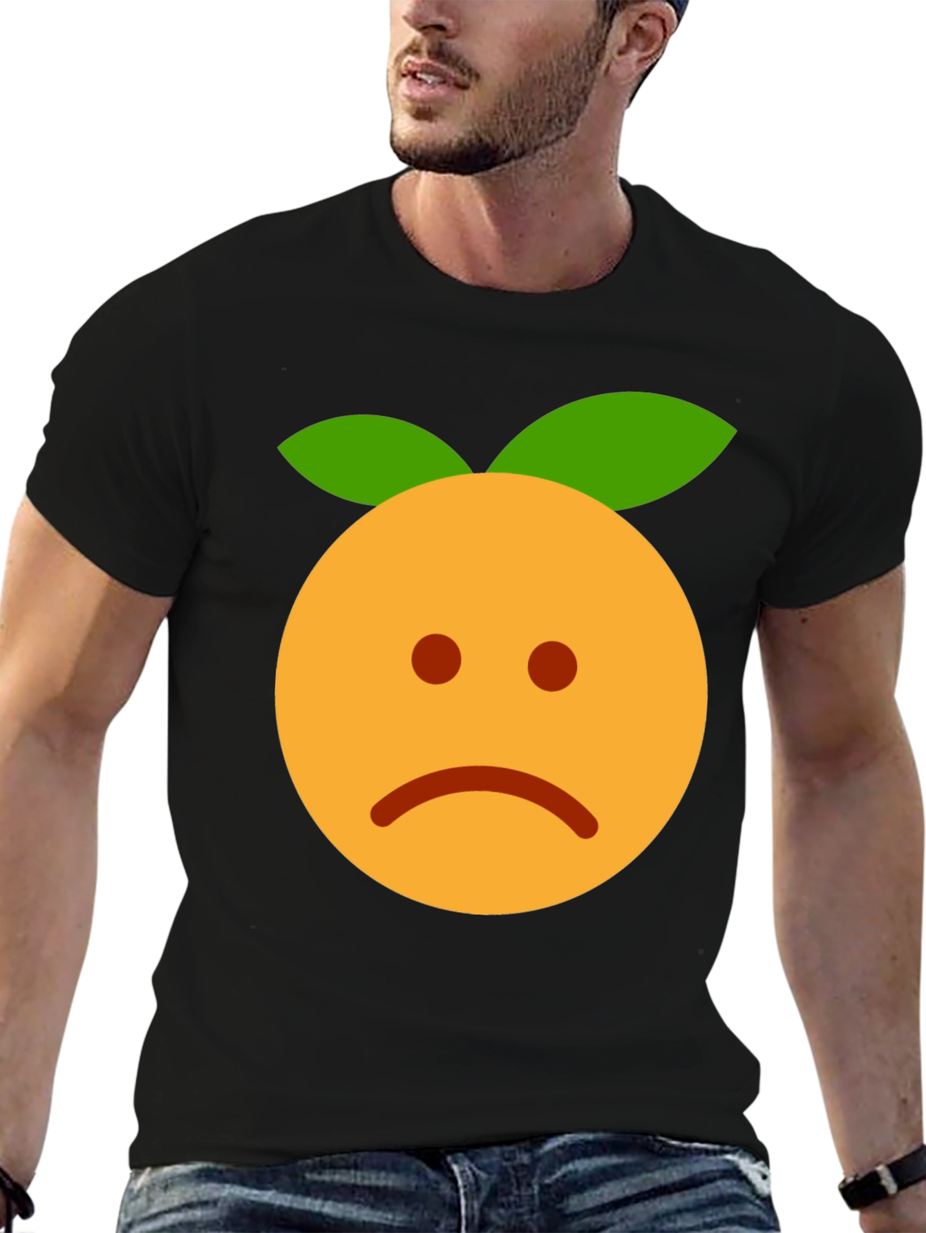 Sad Orange Emoji Graphic Black T-Shirt