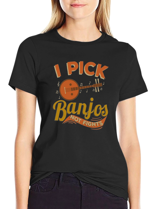 I Pick Banjos Not Fights Black Graphic T-Shirt