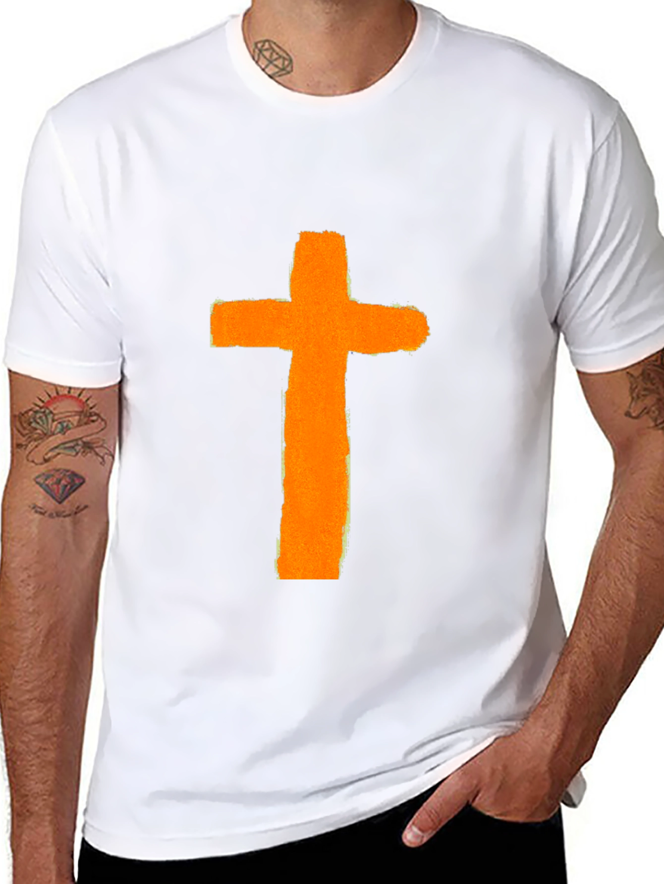 Orange Cross Graphic Print Black T-Shirt