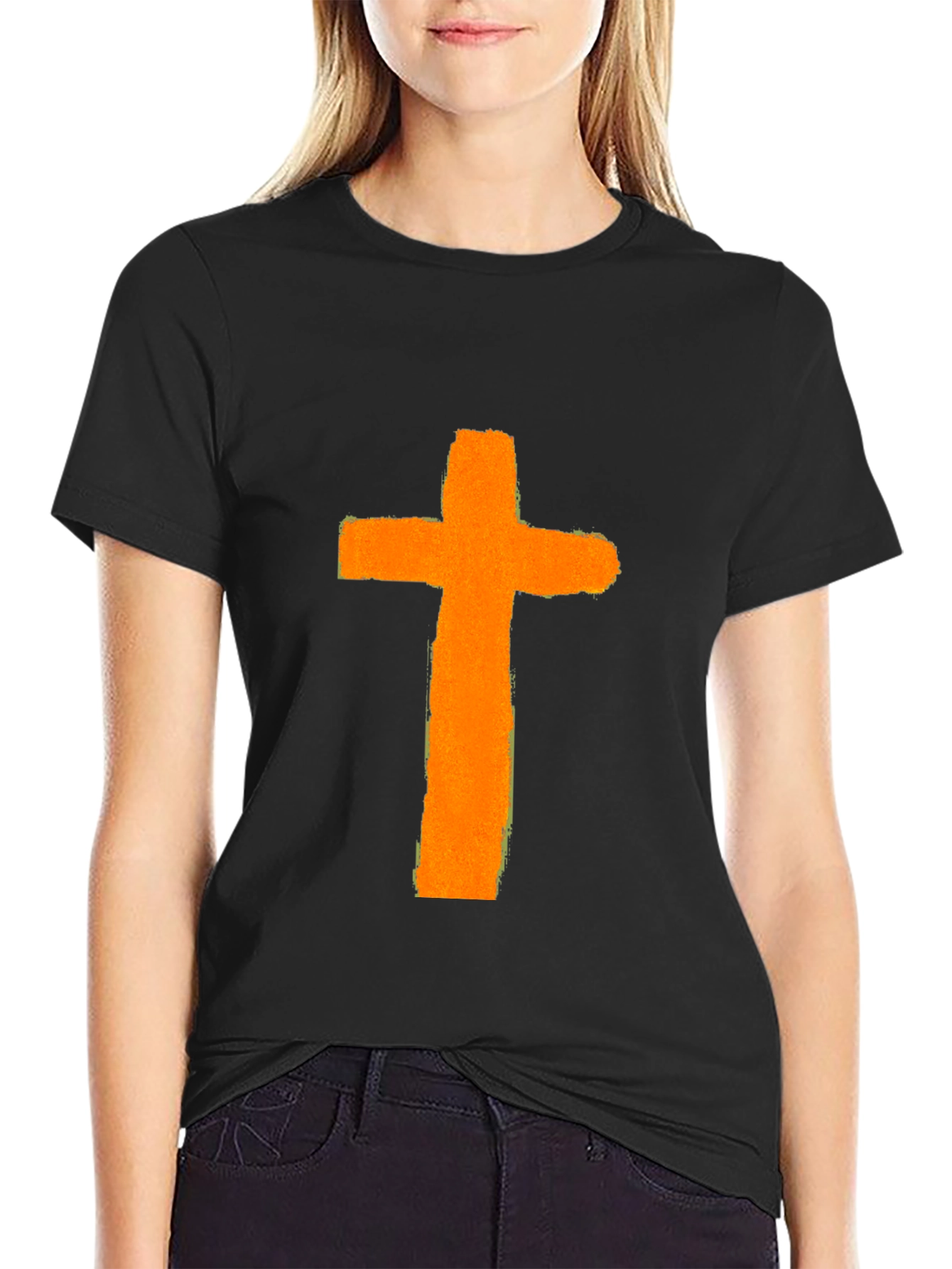 Orange Cross Graphic Print Black T-Shirt