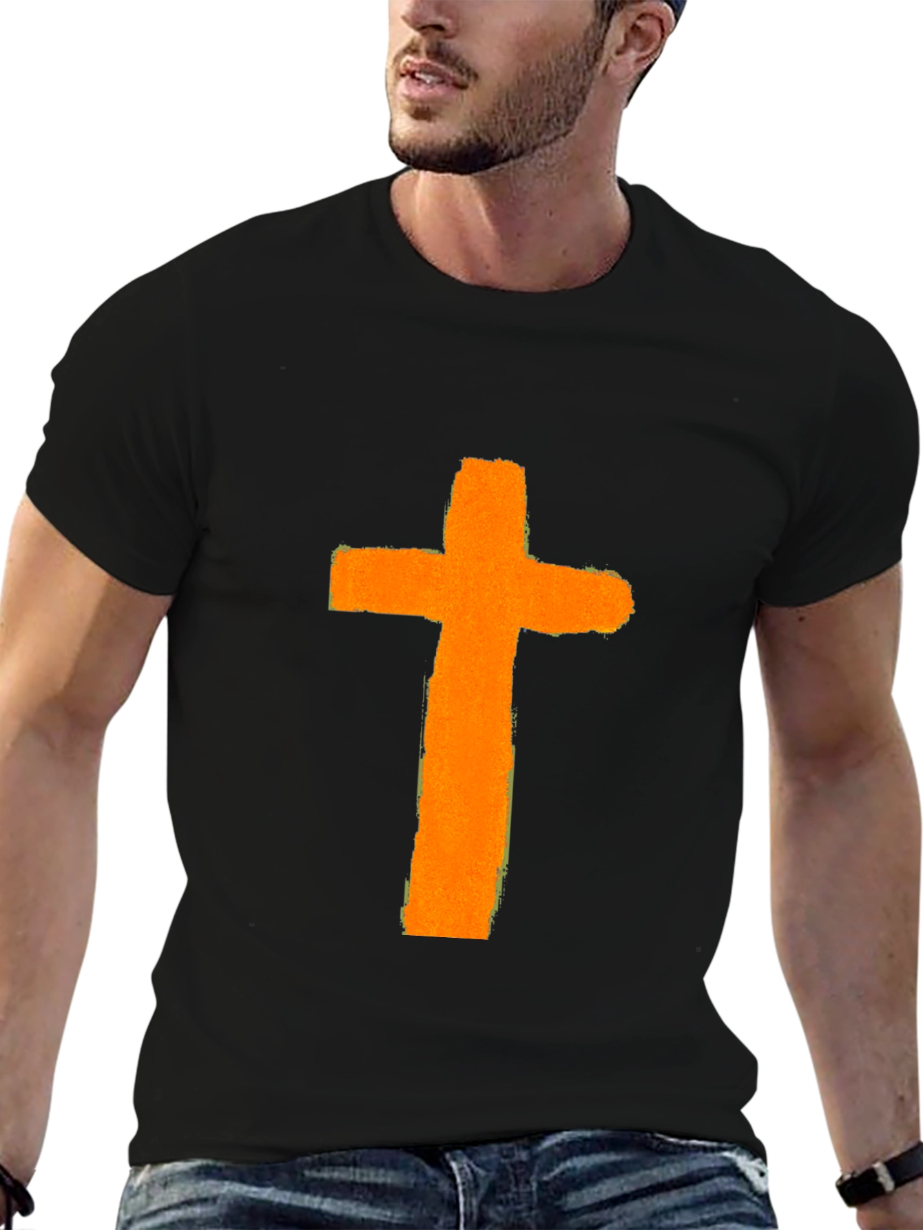 Orange Cross Graphic Print Black T-Shirt