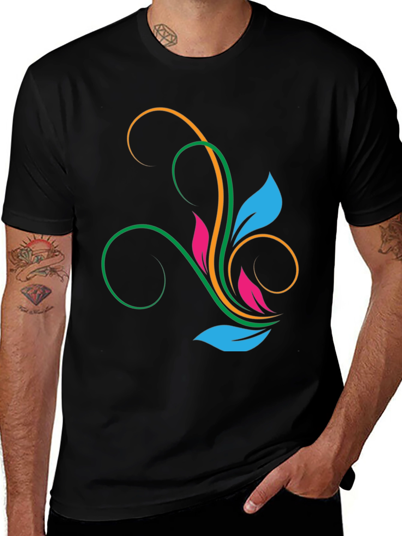 Stylish Black T-Shirt with Floral Swirl Design