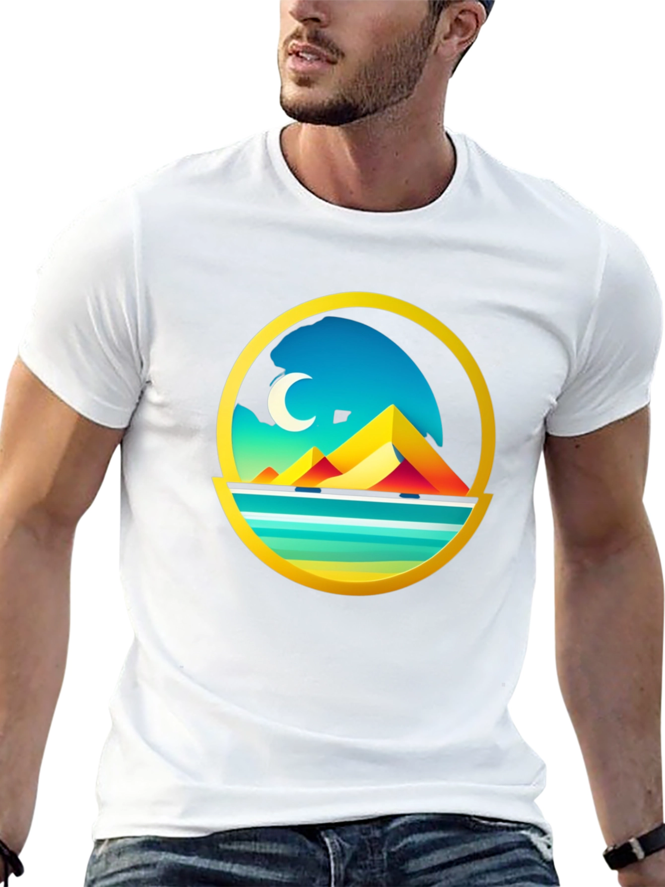 Geometric Mountain Scene Graphic Tee - Black
