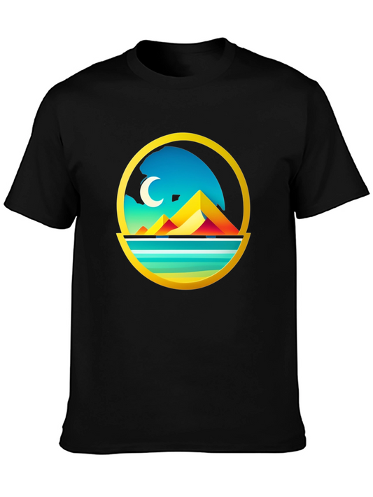 Geometric Mountain Scene Graphic Tee - Black