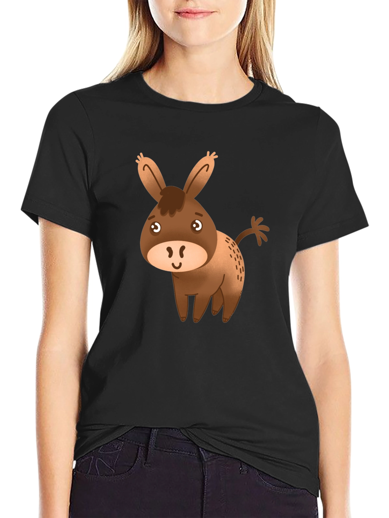 Cute Donkey Graphic Tee - Black Cotton Blend