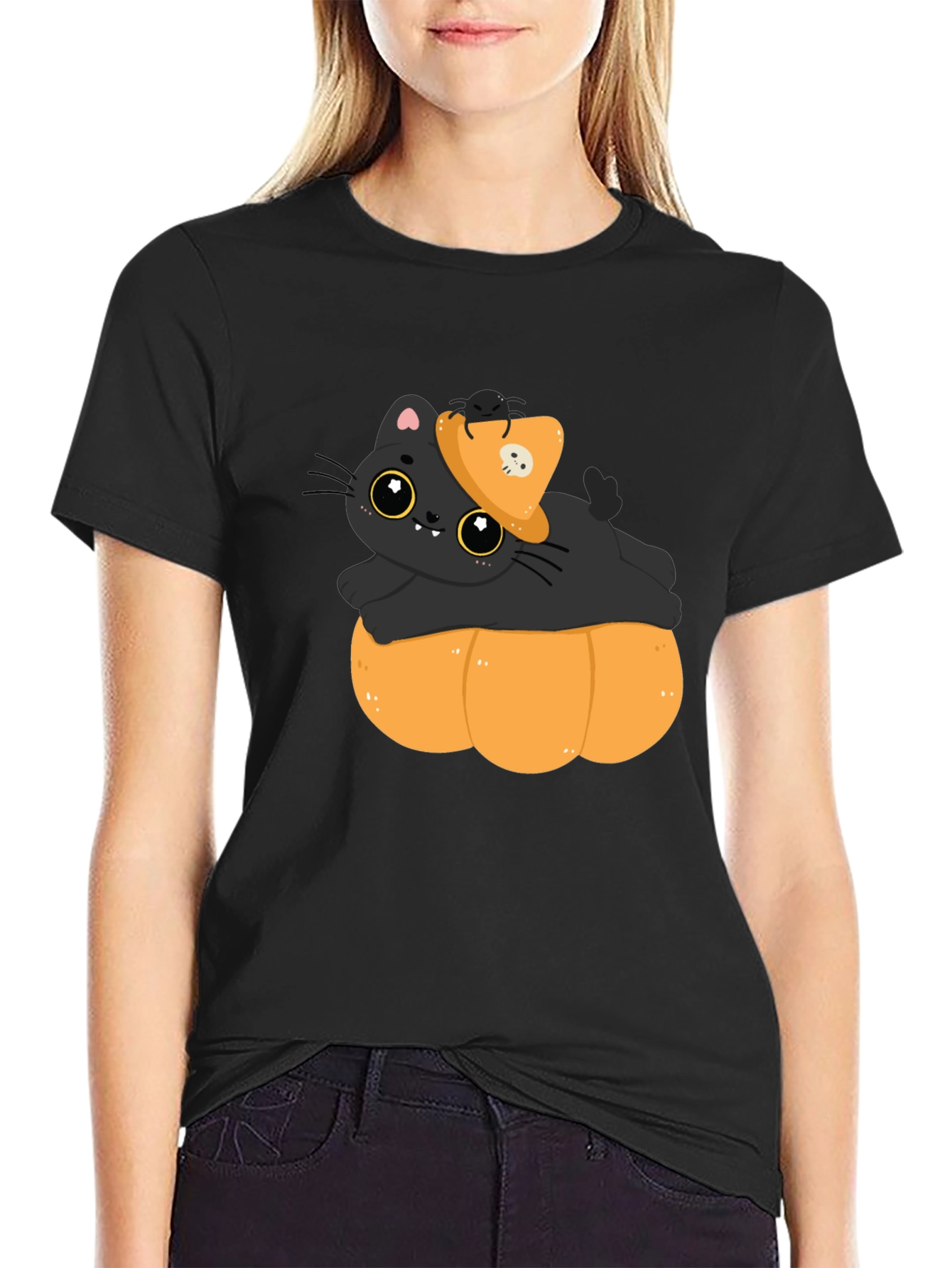 Cute Cat on Pumpkin Halloween T-Shirt