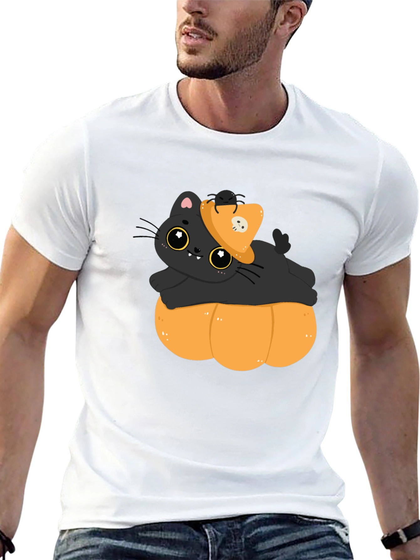 Cute Cat on Pumpkin Halloween T-Shirt