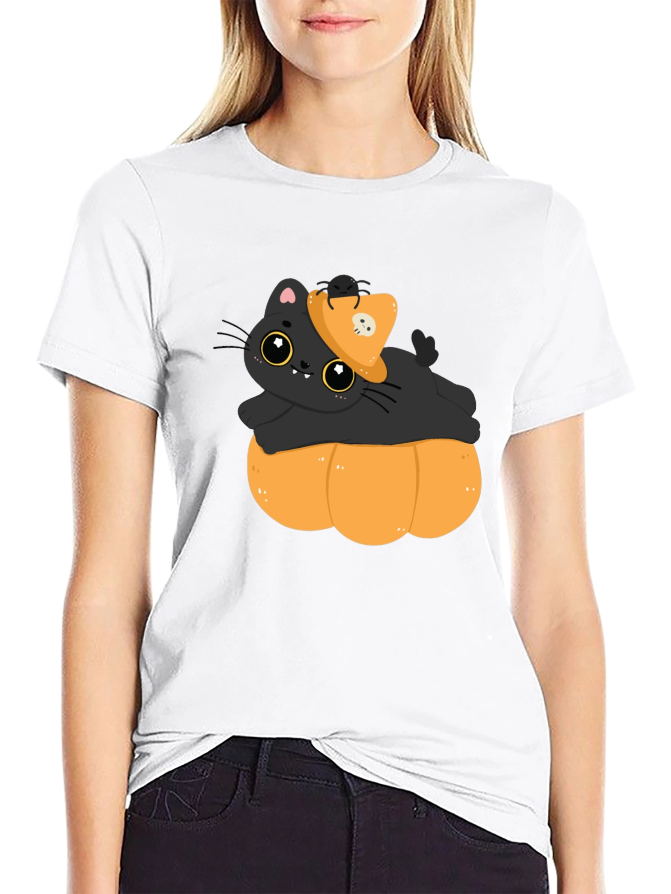 Cute Cat on Pumpkin Halloween T-Shirt