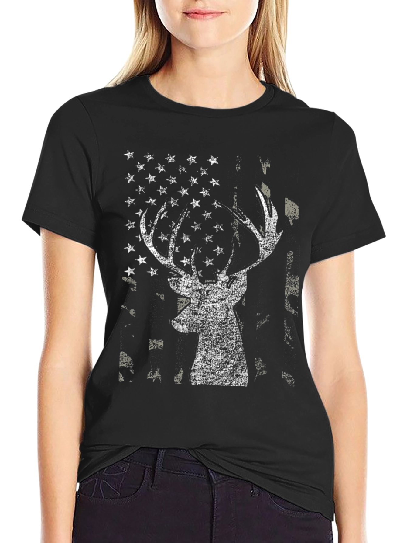 Deer American Flag Graphic Tee - Black