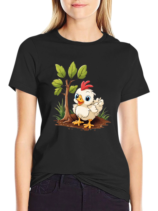 Cute Cartoon Chicken Tree Graphic Tee - Black
