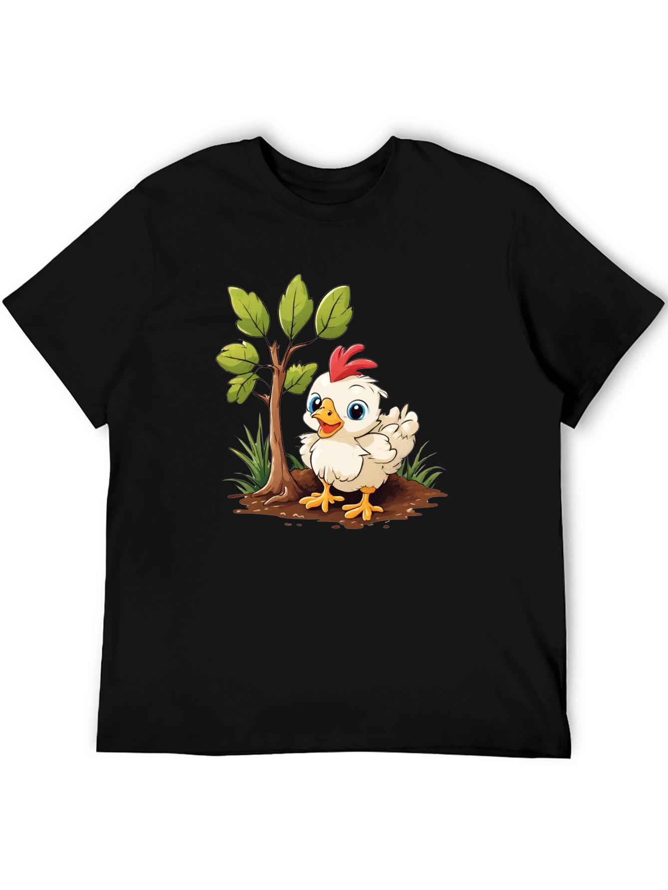 Cute Cartoon Chicken Tree Graphic Tee - Black