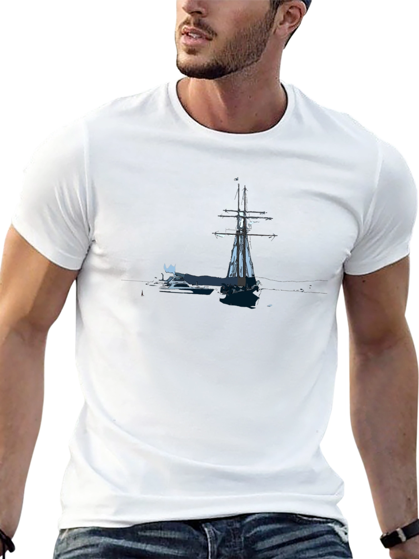 Nautical Sailboat Graphic Tee - Black Cotton Blend