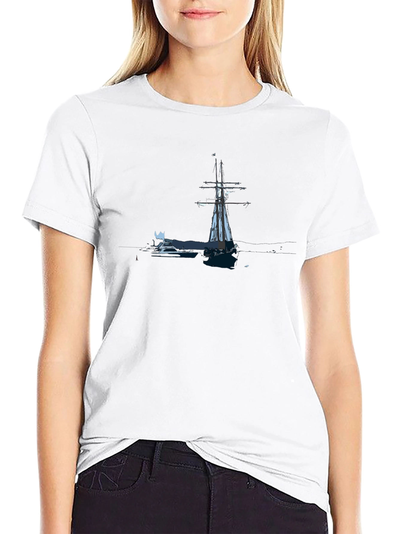 Nautical Sailboat Graphic Tee - Black Cotton Blend
