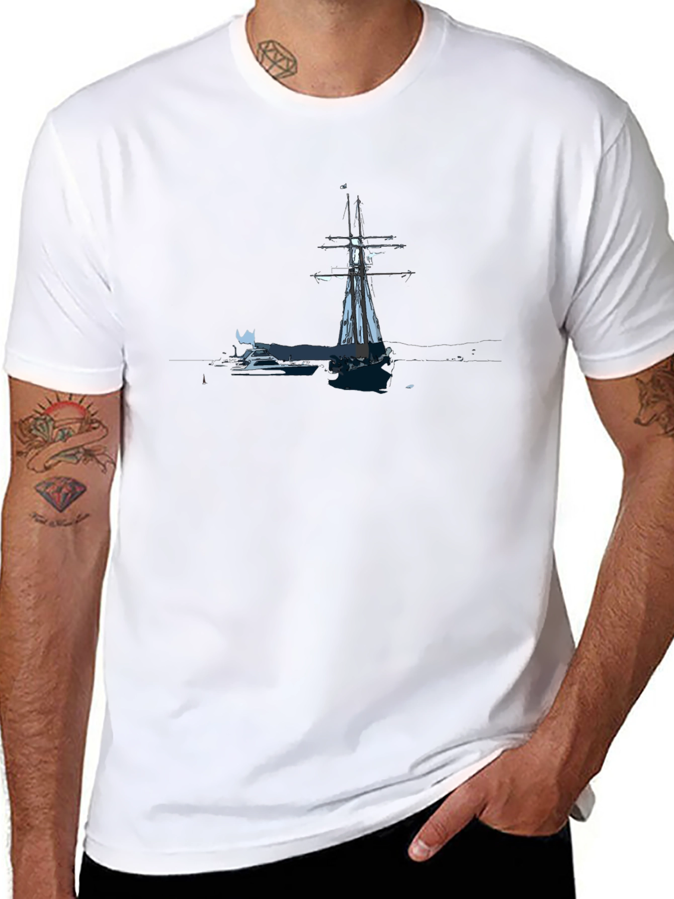 Nautical Sailboat Graphic Tee - Black Cotton Blend