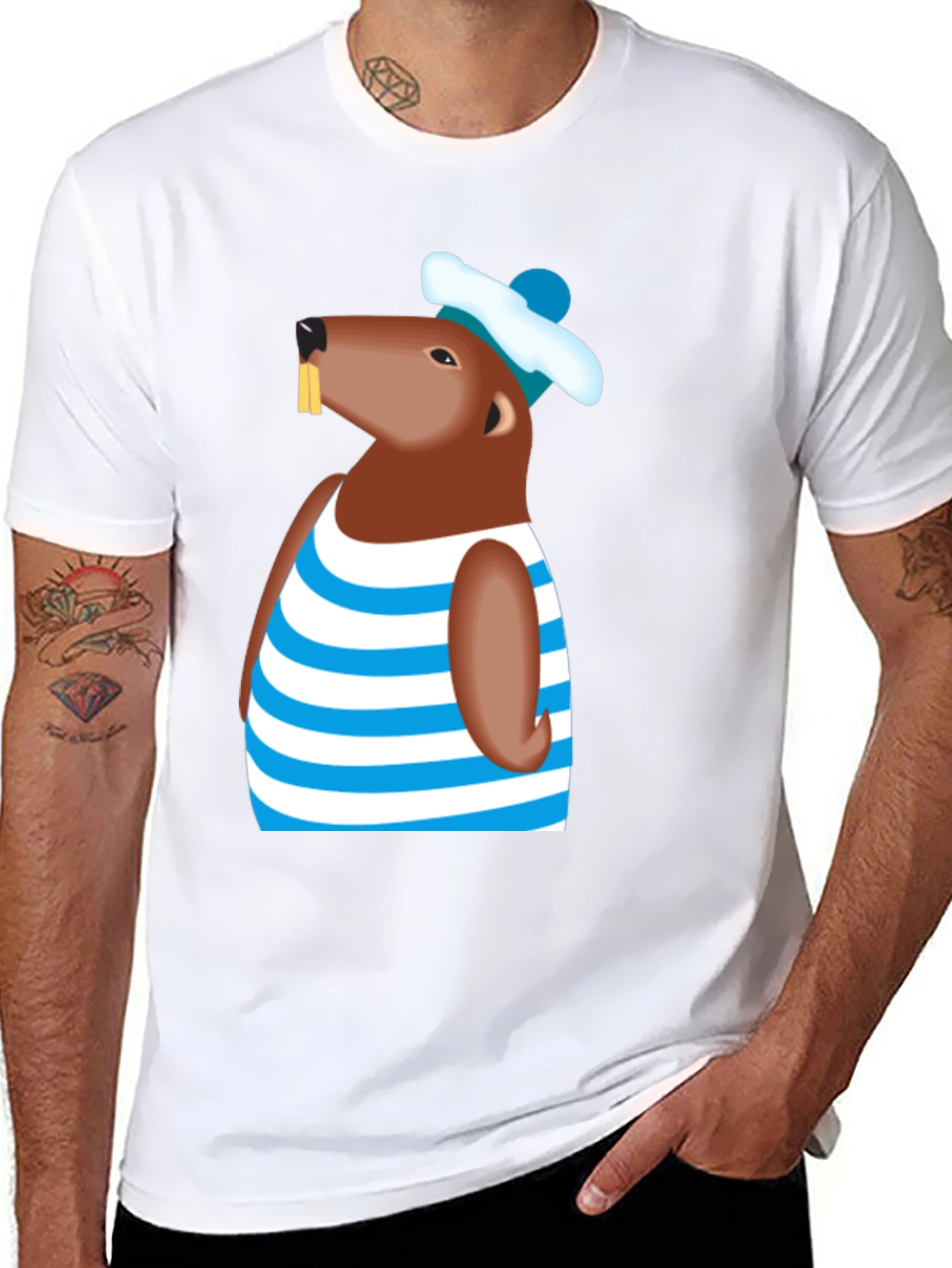 Cartoon Beaver Striped Shirt Graphic Tee