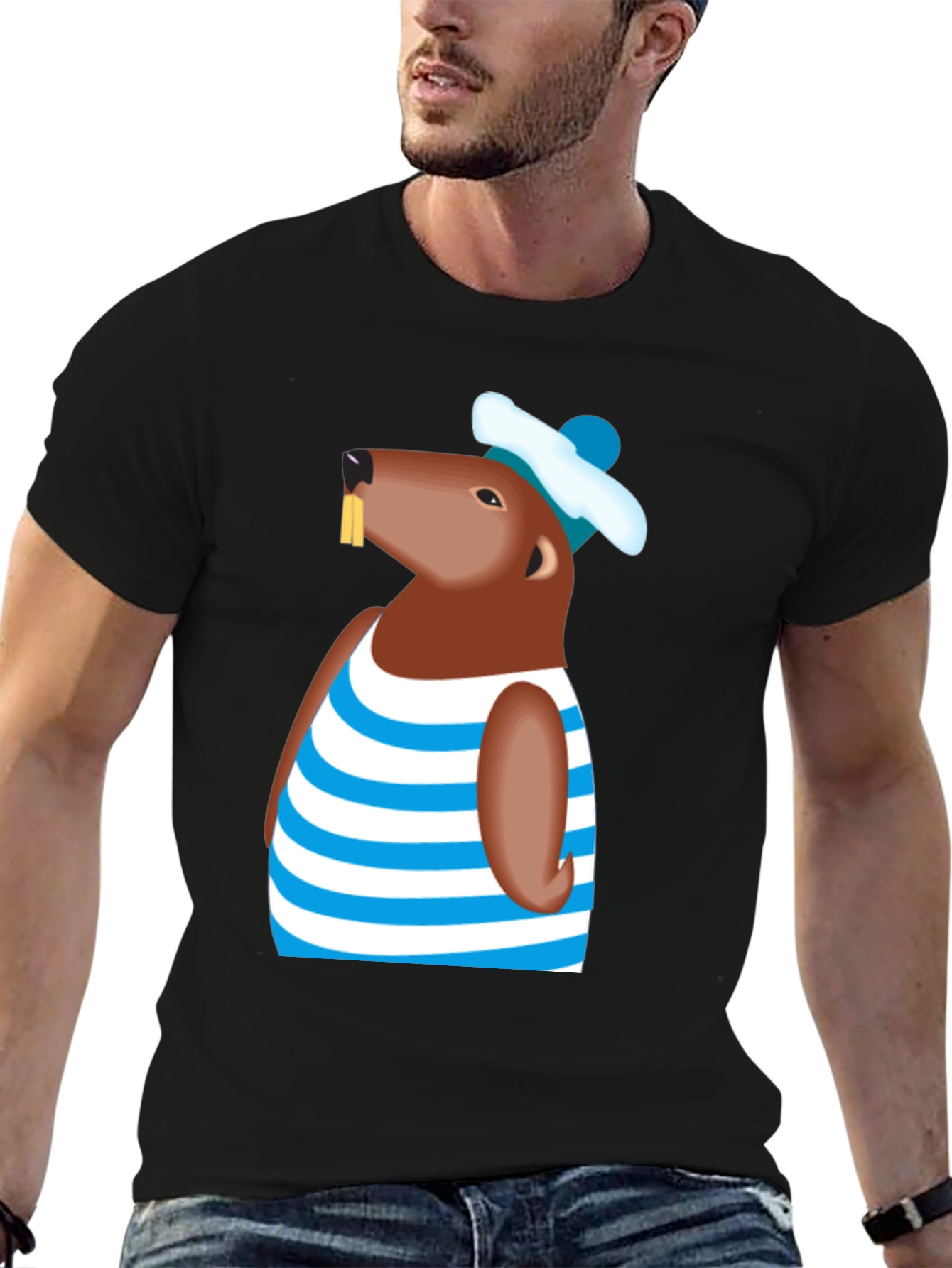 Cartoon Beaver Striped Shirt Graphic Tee