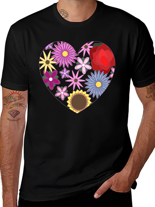 Floral Heart Graphic Black T-Shirt