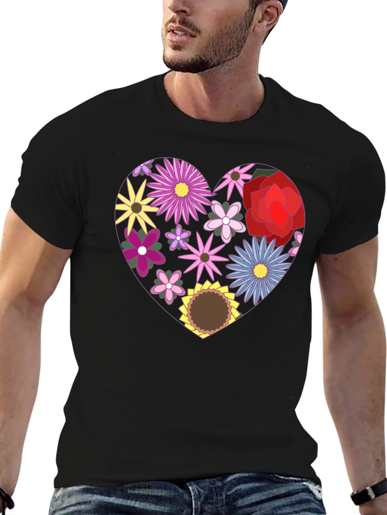 Floral Heart Graphic Black T-Shirt