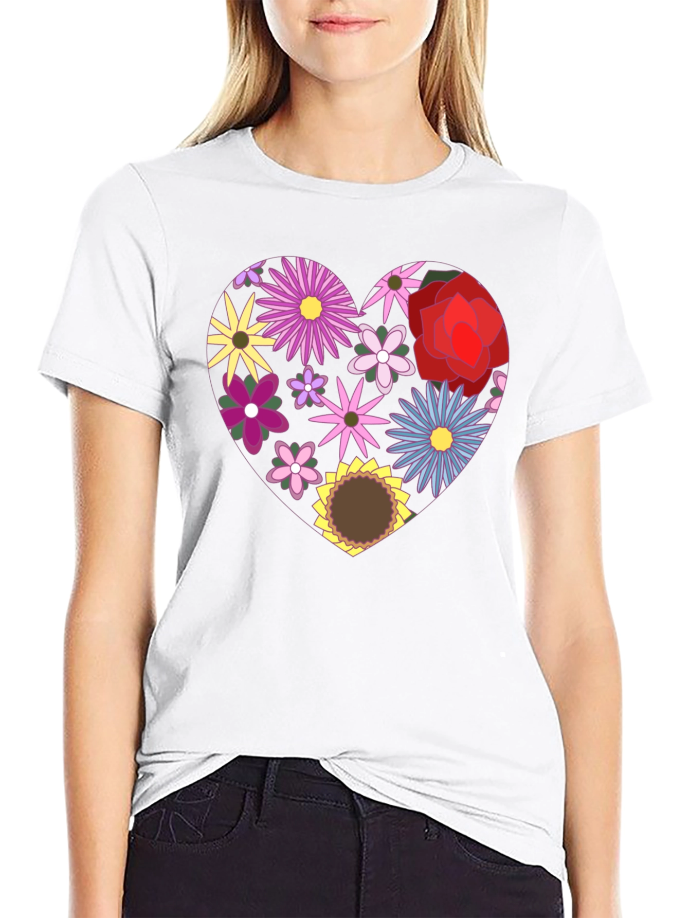 Floral Heart Graphic Black T-Shirt