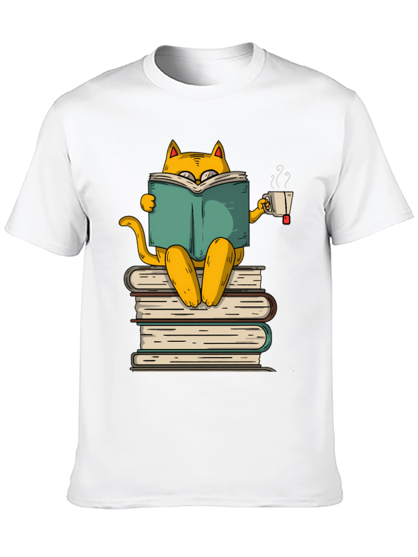 Bookish Cat T-Shirt: Reader Kitty with Tea