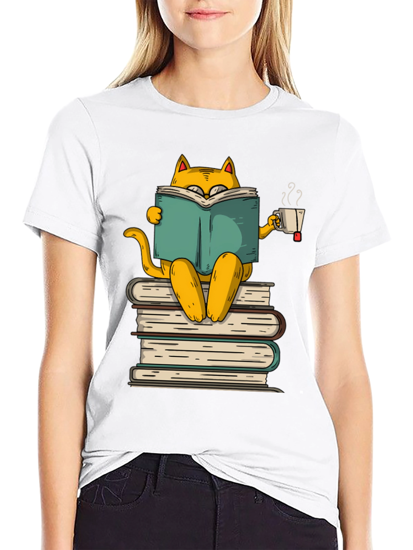 Bookish Cat T-Shirt: Reader Kitty with Tea
