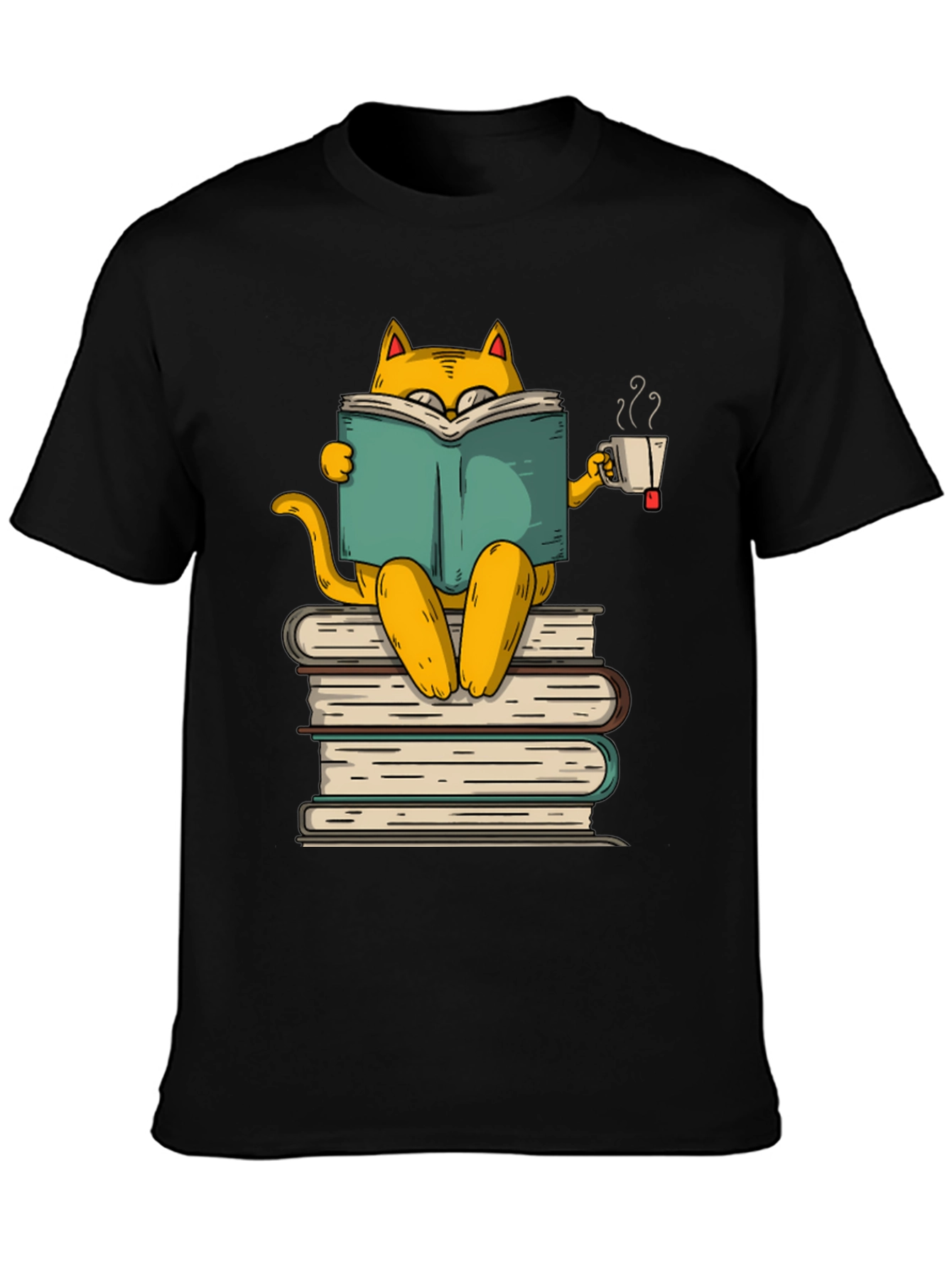 Bookish Cat T-Shirt: Reader Kitty with Tea