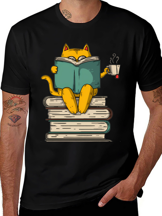 Bookish Cat T-Shirt: Reader Kitty with Tea