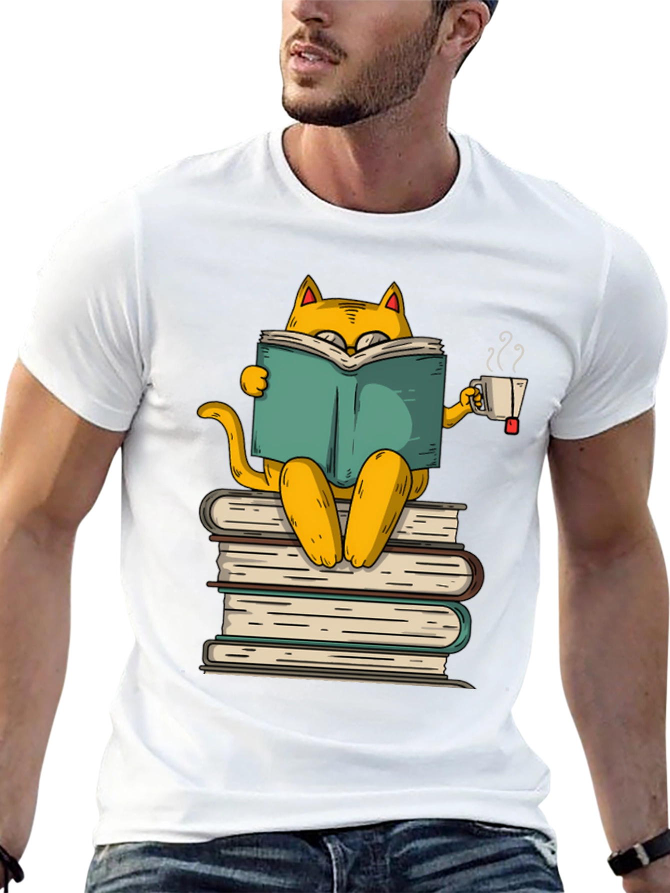 Bookish Cat T-Shirt: Reader Kitty with Tea