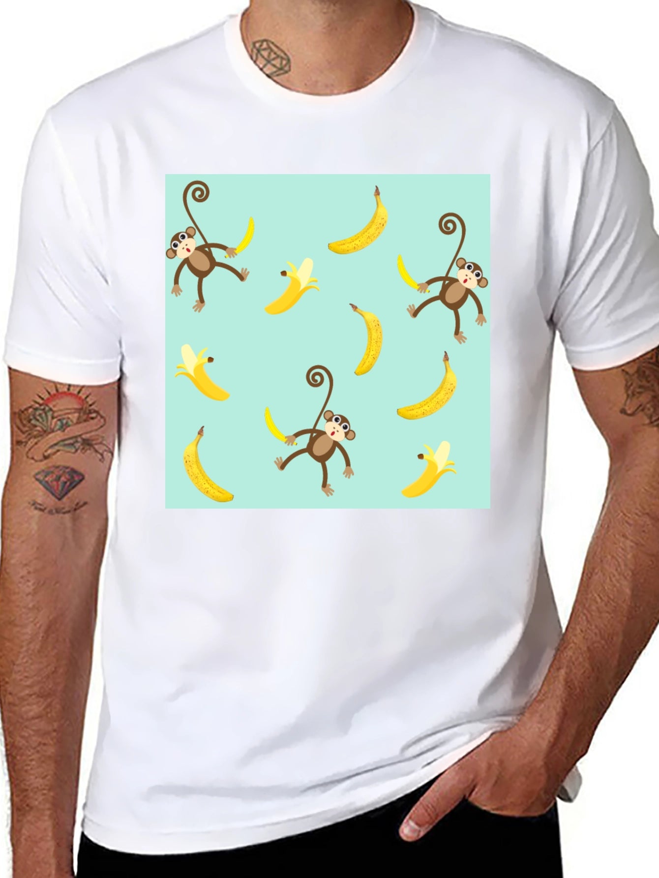 Monkey Banana Pattern Graphic Tee - Mens Black T-Shirt