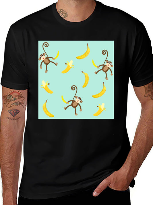 Monkey Banana Pattern Graphic Tee - Mens Black T-Shirt