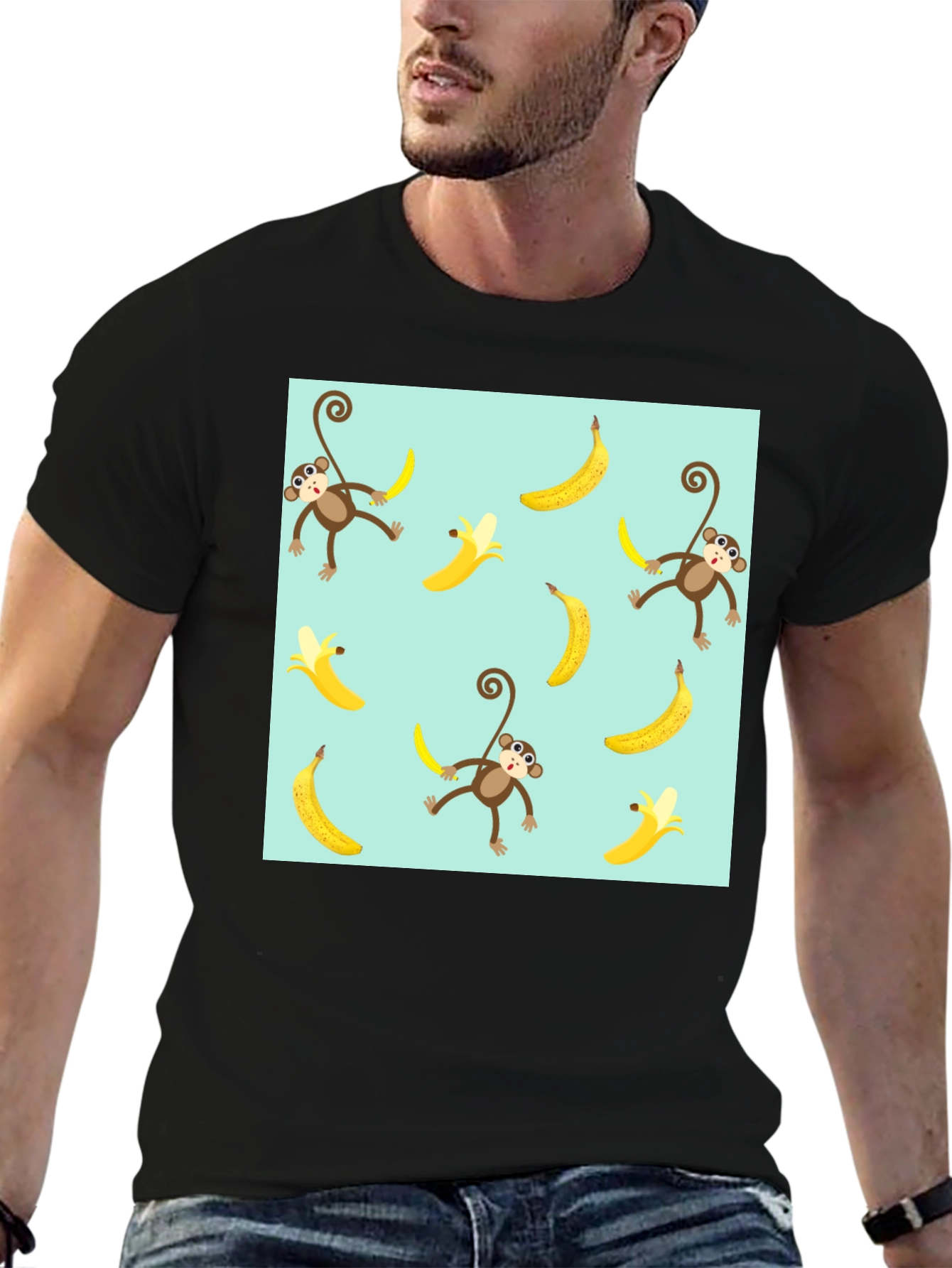 Monkey Banana Pattern Graphic Tee - Mens Black T-Shirt