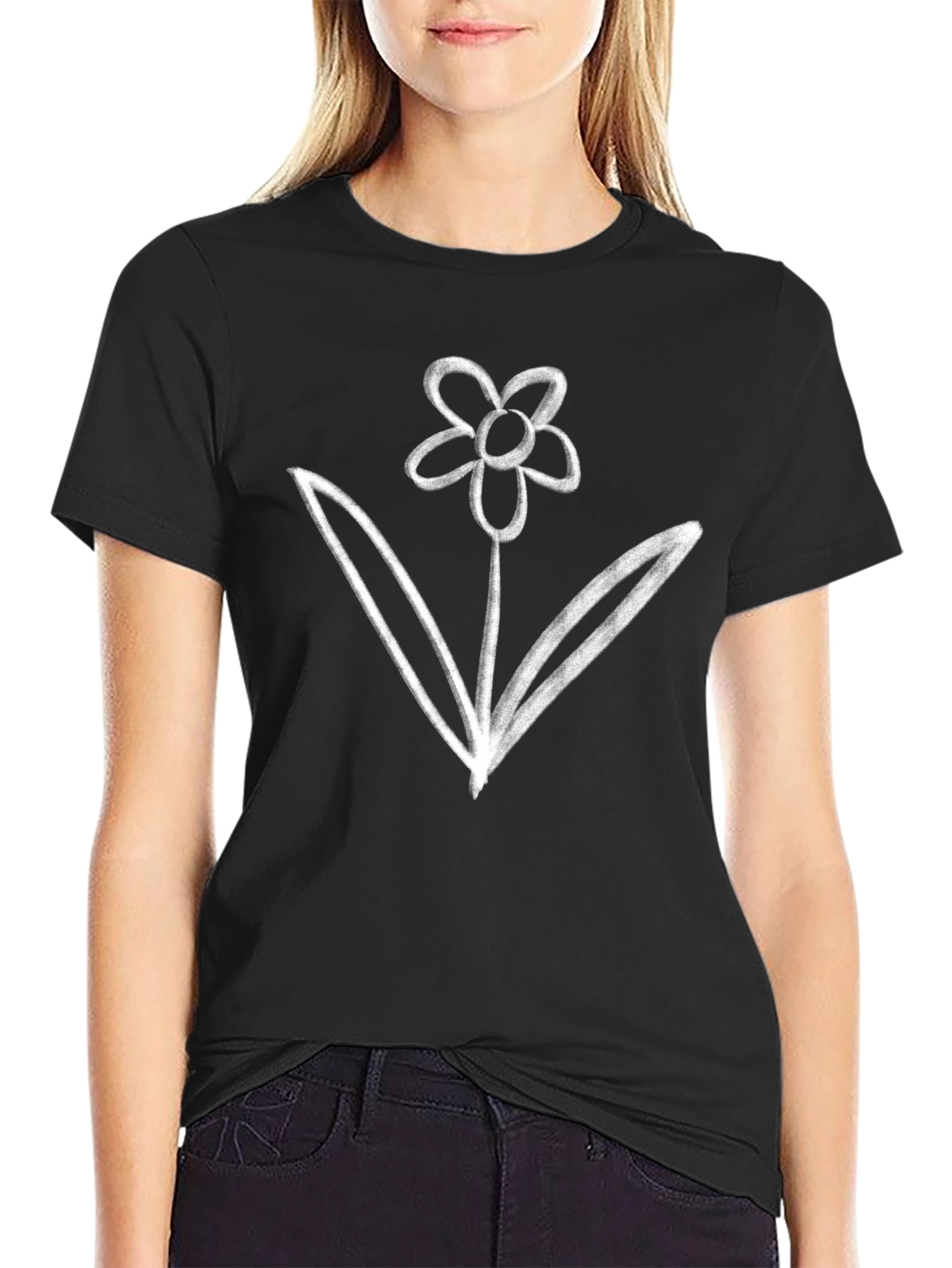 Minimalist Flower Graphic Black T-Shirt