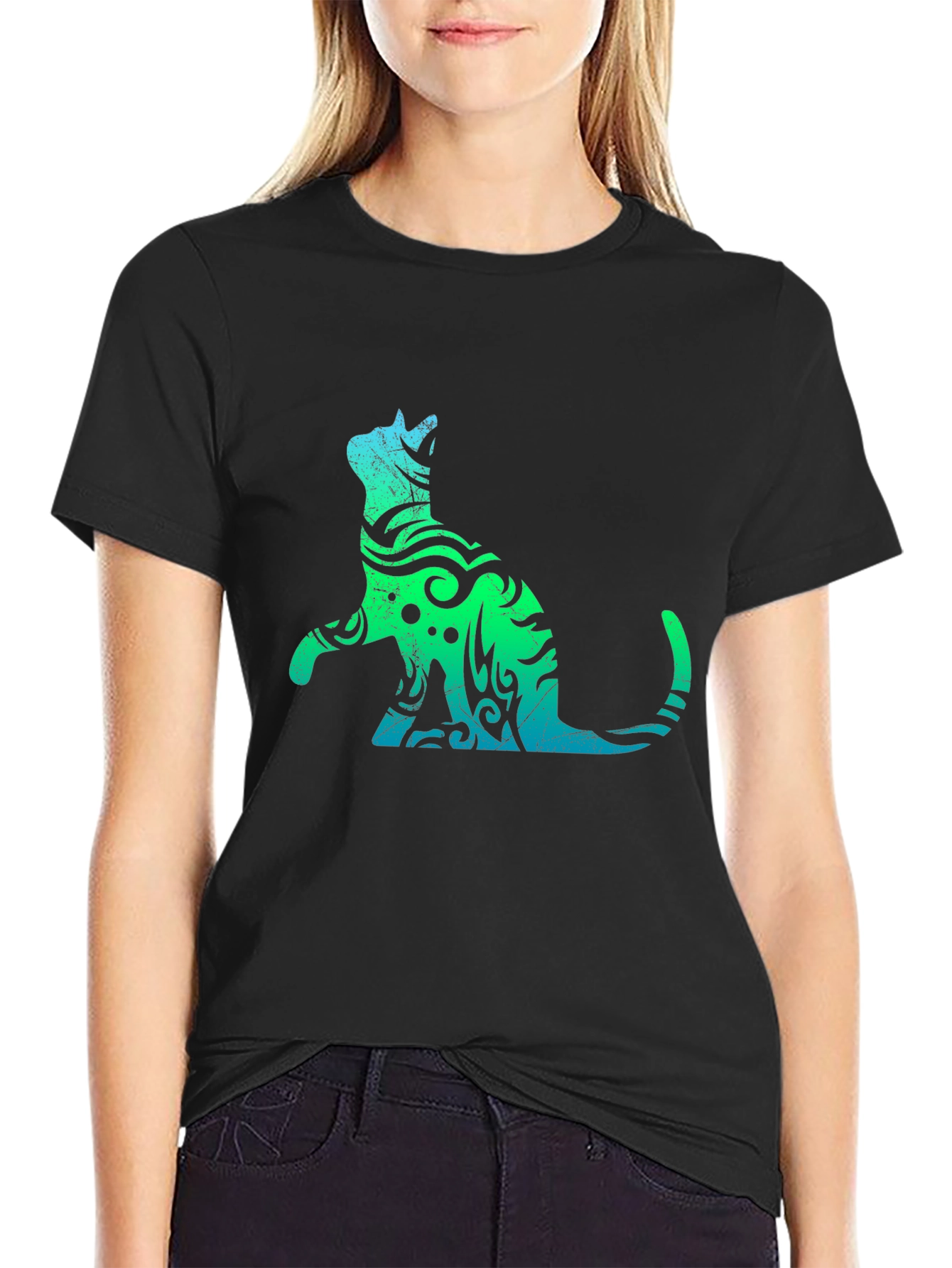 Tribal Cat Graphic Black T-Shirt