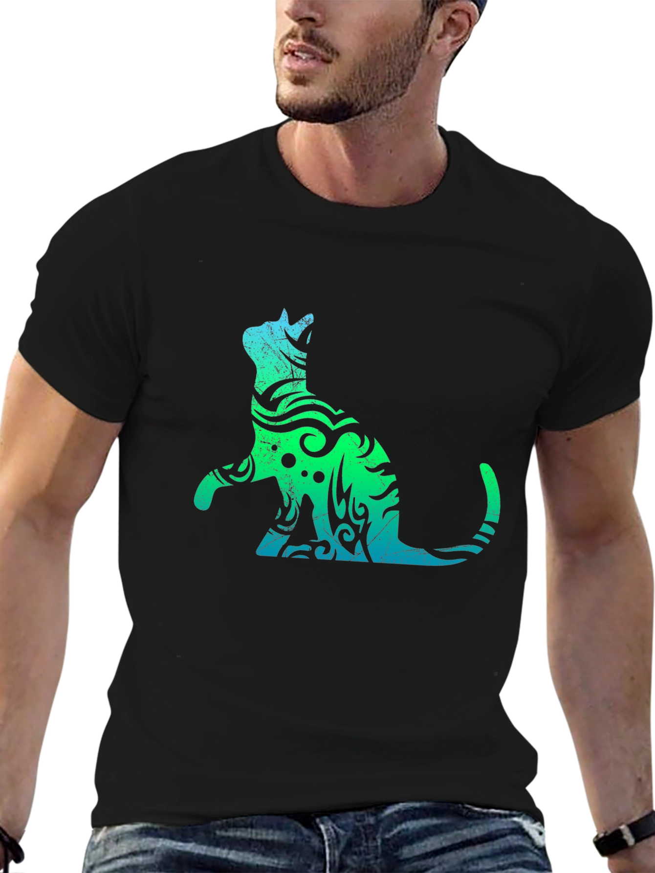 Tribal Cat Graphic Black T-Shirt