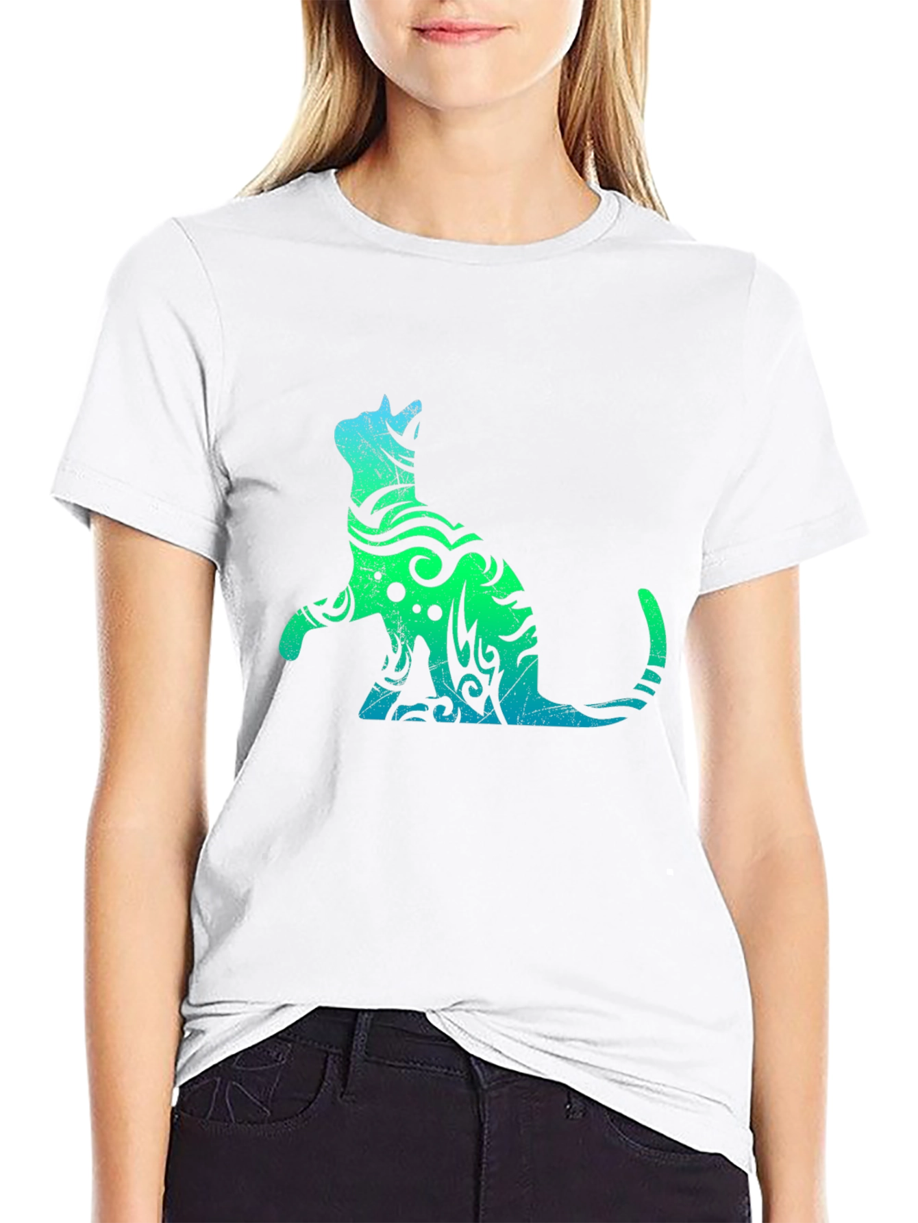 Tribal Cat Graphic Black T-Shirt