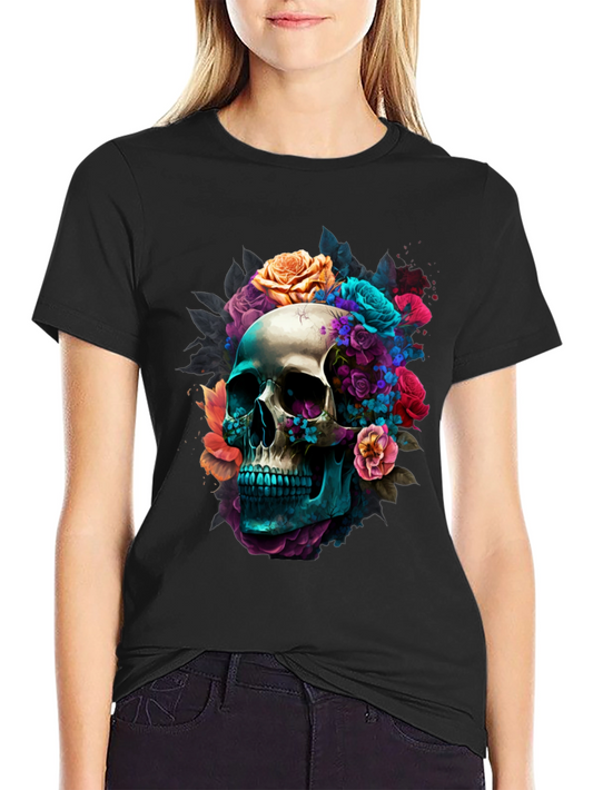 Floral Skull Graphic Black T-Shirt