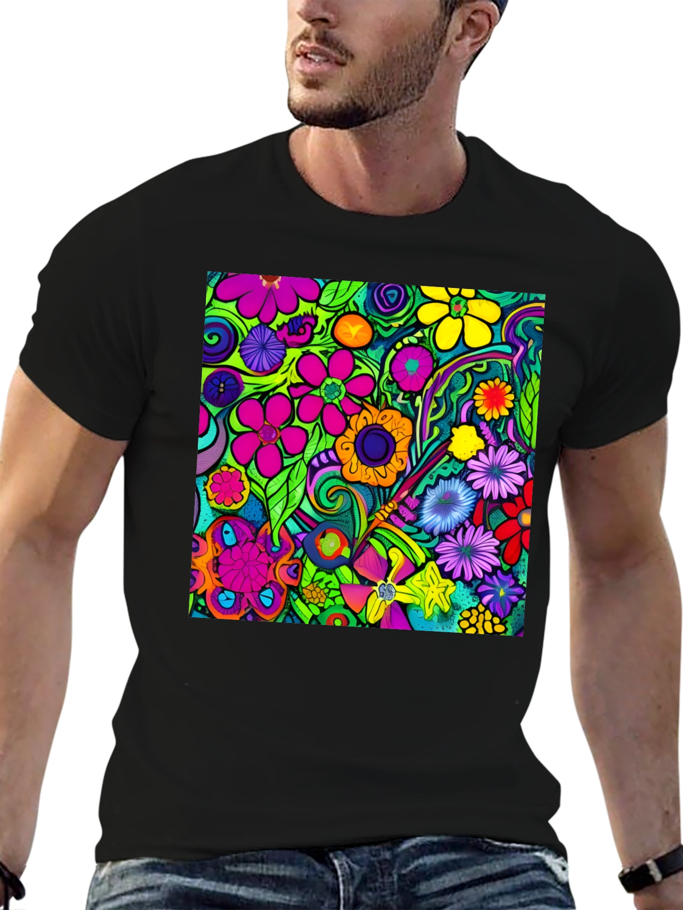 Vibrant Floral Pattern Black T-Shirt