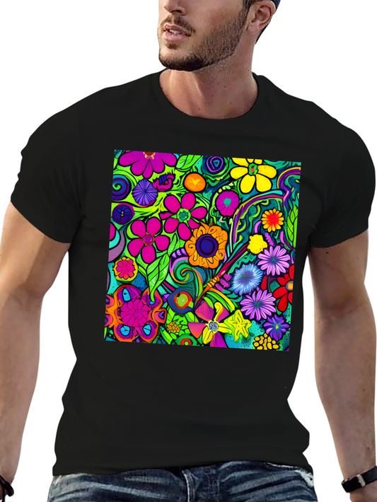 Vibrant Floral Pattern Black T-Shirt