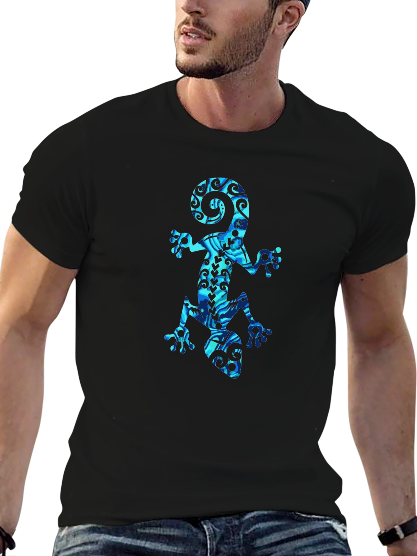 Mens Black T-Shirt with Blue Gecko Graphic Print