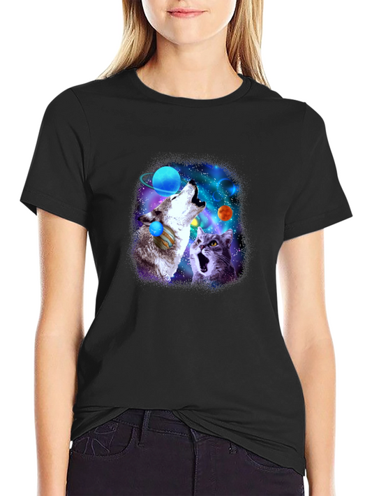 Galaxy Wolf and Cat Graphic Tee