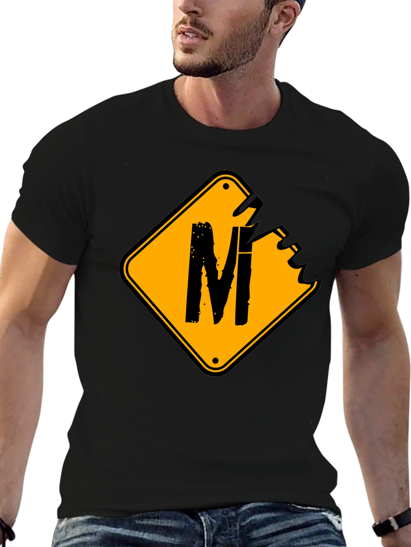 Mens Black T-Shirt with Road Sign M