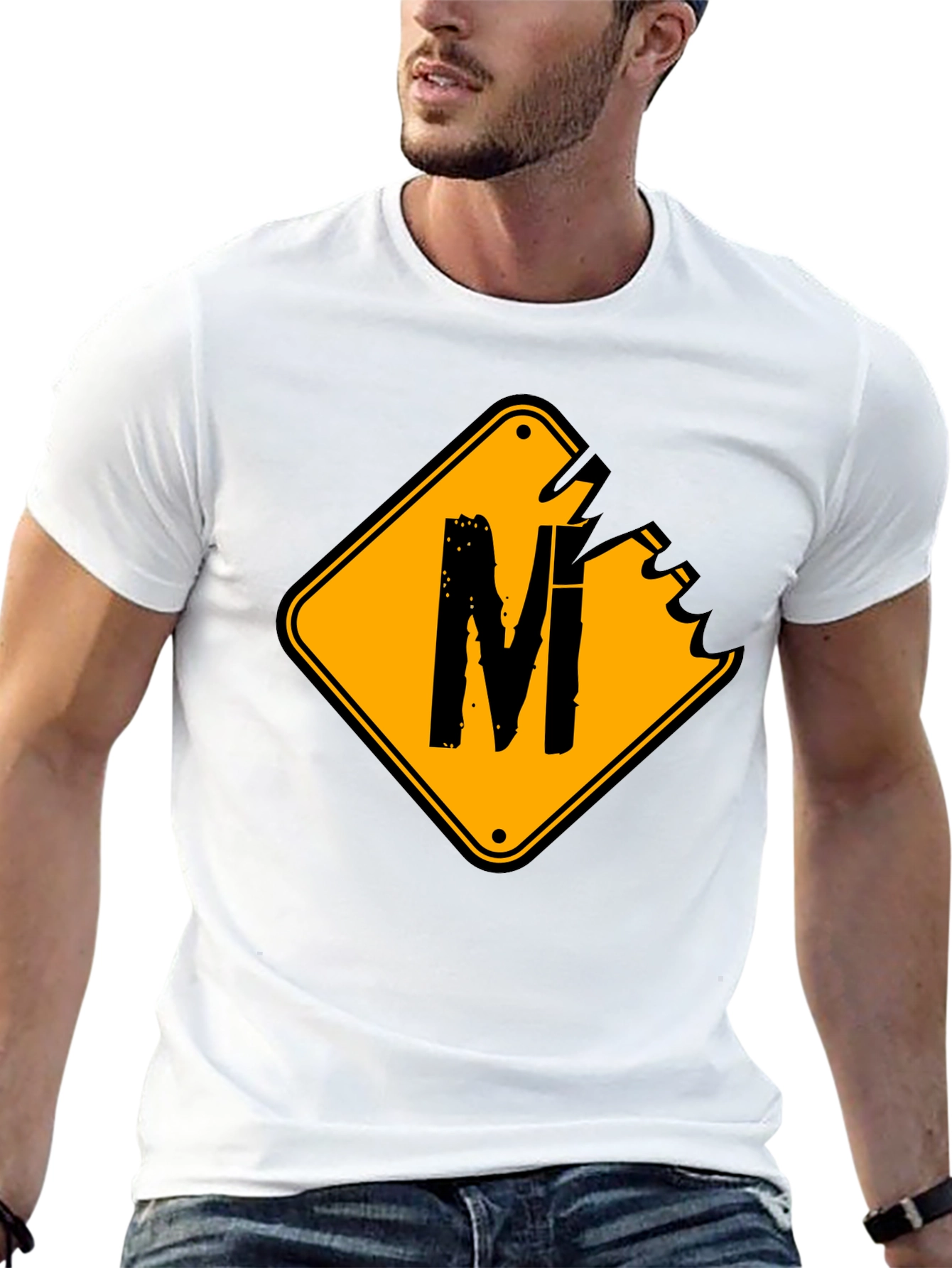 Mens Black T-Shirt with Road Sign M